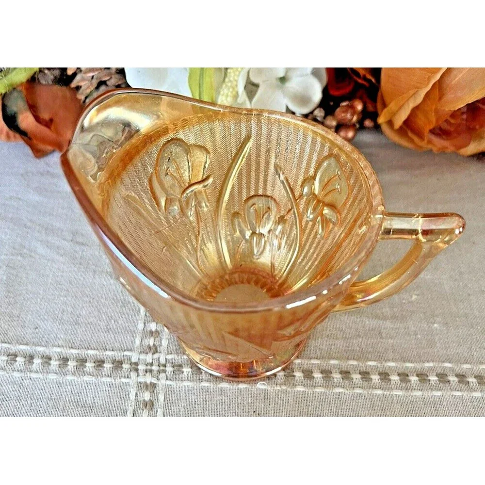 Jeannette Carnival Glass Creamer Orange Iridescent Irises and Herringbone Patter